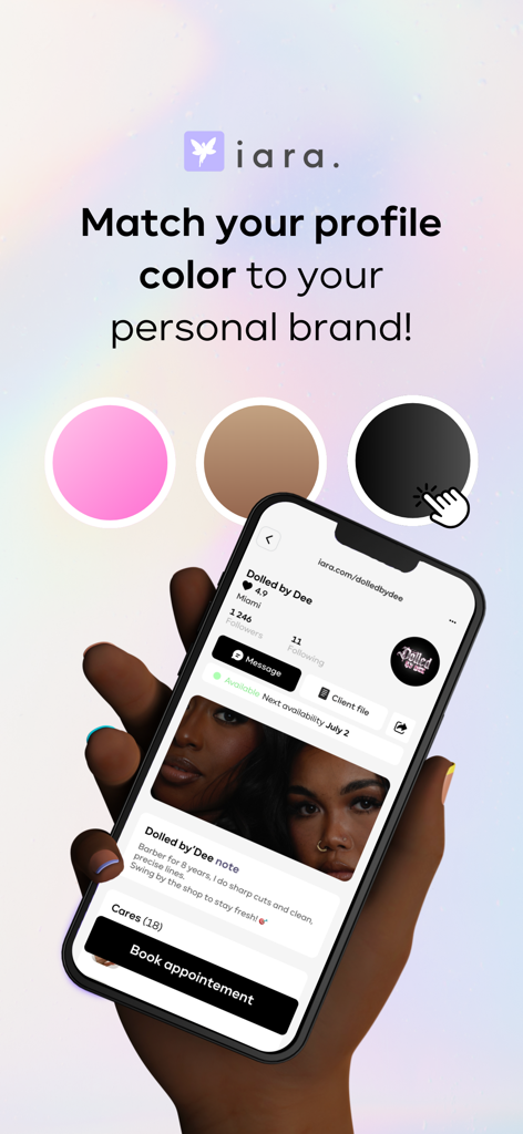iara. - Ein Smartphone-Bildschirm zeigt die Anpassung der Profilfarbe für Beauty-Profis in der iara App.