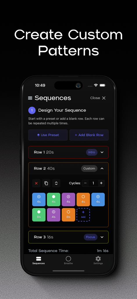 Interfaz de la aplicación Coherence que muestra cómo diseñar patrones y secuencias de respiración personalizados en modo oscuro