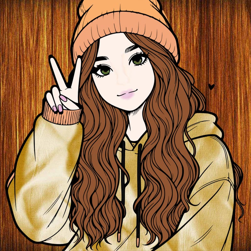 a teenage girl in a beanie, oversized sweatshirt, wavy long hair, and is showing a ✌️