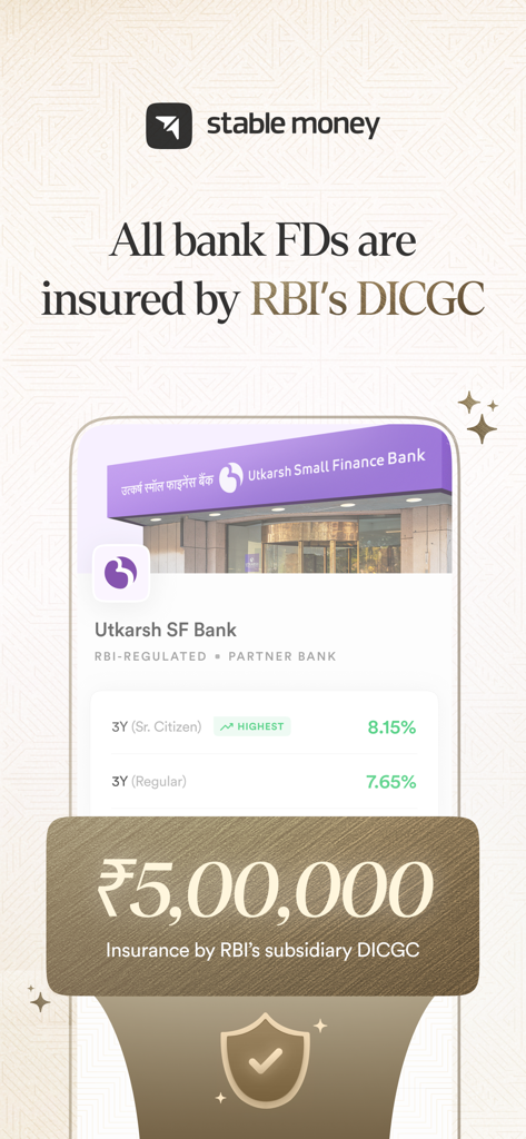 Stable Money app screen showing bank fixed deposit insurance of 5 lakh rupees by RBI's DICGC.