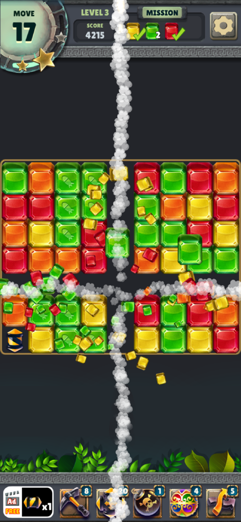Jugabilidad de Jewel Blast Temple mostrando un efecto colorido de explosión de joyas en un rompecabezas de combinación.
