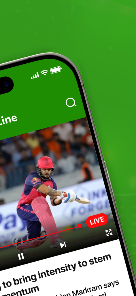 Live Cricket TV HD : IPL 2025 - Smartphone screen displaying a live cricket match featuring a batsman during a tournament