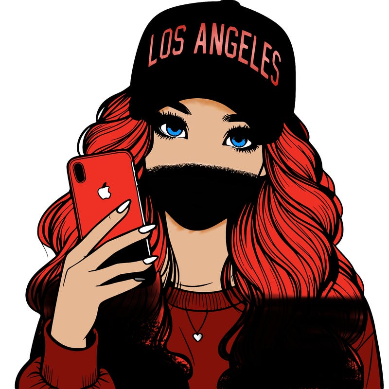 realistic beautiful girl wearing los ángeles cap holding an iphone