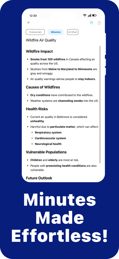 MinuteWise: AI Note Taker - MinuteWise app interface showing an AI generated summary of meeting minutes about wildfire air quality