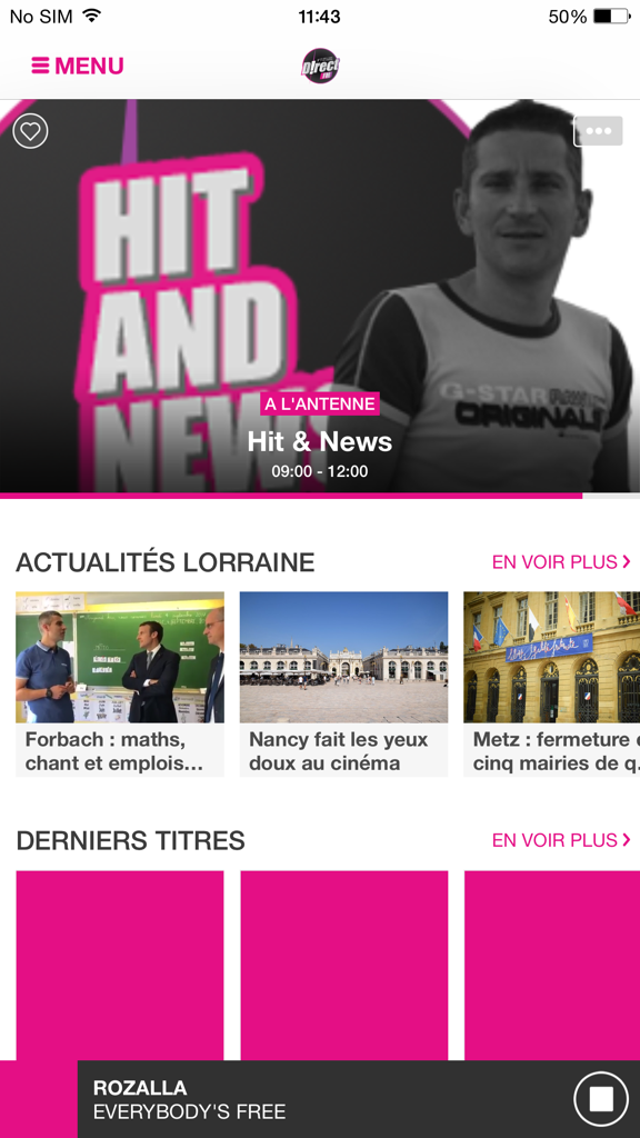 DIRECT FM - Direct FM mobile app interface showing live radio show Hit and News regional news from Lorraine and current song player