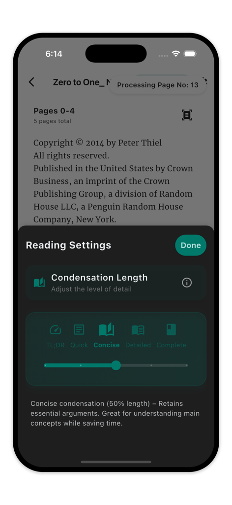 ReadFast: PDF & Book Summaries - Reading settings menu in ReadFast app showing a slider to adjust summary condensation length from TLDR to complete