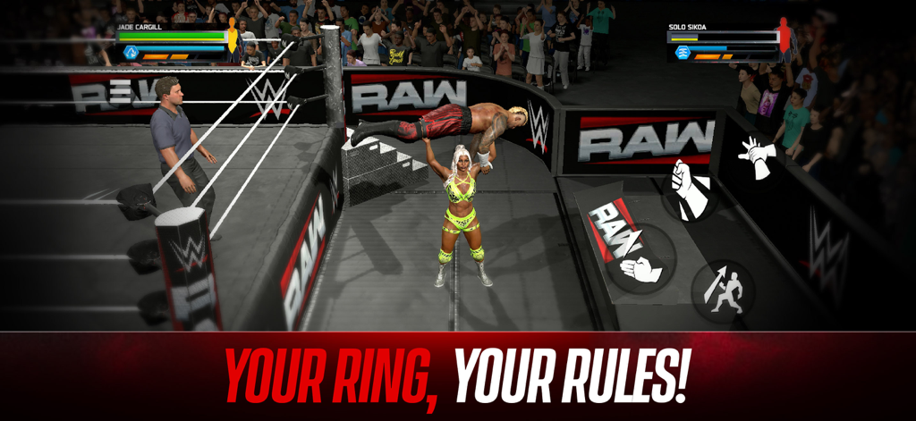 WWE 2K25: Netflix Edition - Gameplay screenshot of Jade Cargill versus Solo Sikoa in a RAW arena in WWE 2K25 Netflix Edition