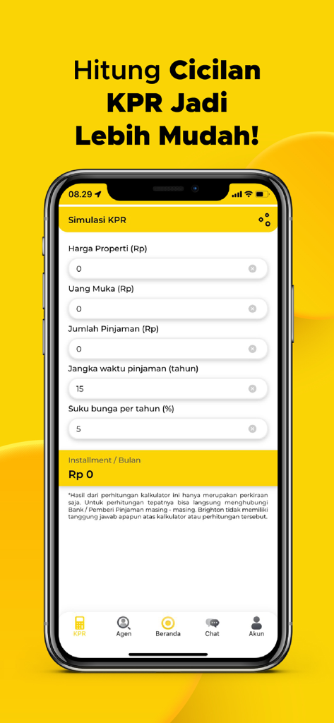 Brighton Real Estate - Brighton Real Estate app mortgage calculator interface with property price and monthly installment fields