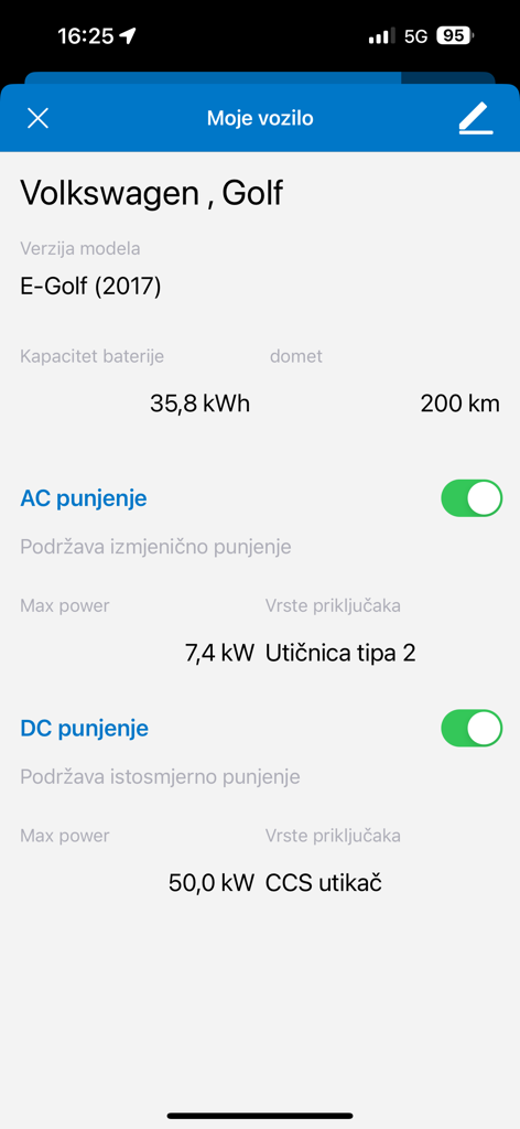 OneCharge HR - OneCharge HR app screen displaying electric vehicle details and charging specifications for a Volkswagen E-Golf