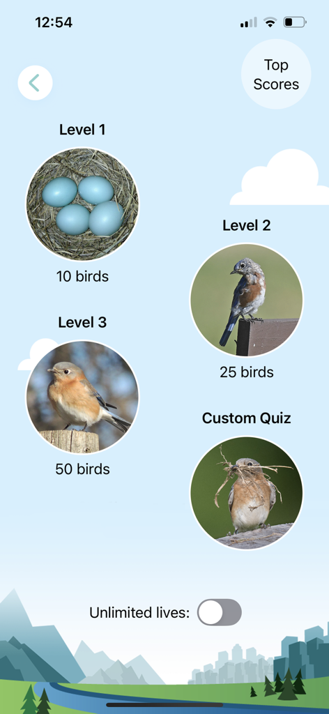 ChirpOMatic - BirdSong USA - A menu screen for a bird identification quiz showing different difficulty levels with bird images