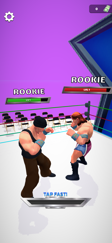 Wrestling Trivia Run! - Two rookie wrestlers facing each other in the ring with a tap fast prompt