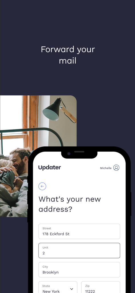 Updater: Essential Moving App - Smartphone displaying the address update screen in the Updater moving app