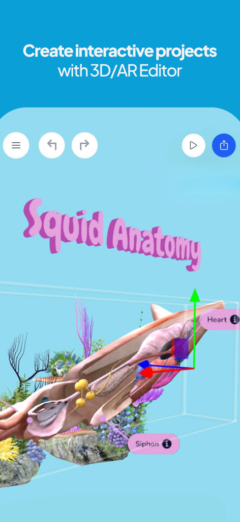 Interface of the Assemblr EDU 3D and AR editor showing a project about squid anatomy with interactive labels