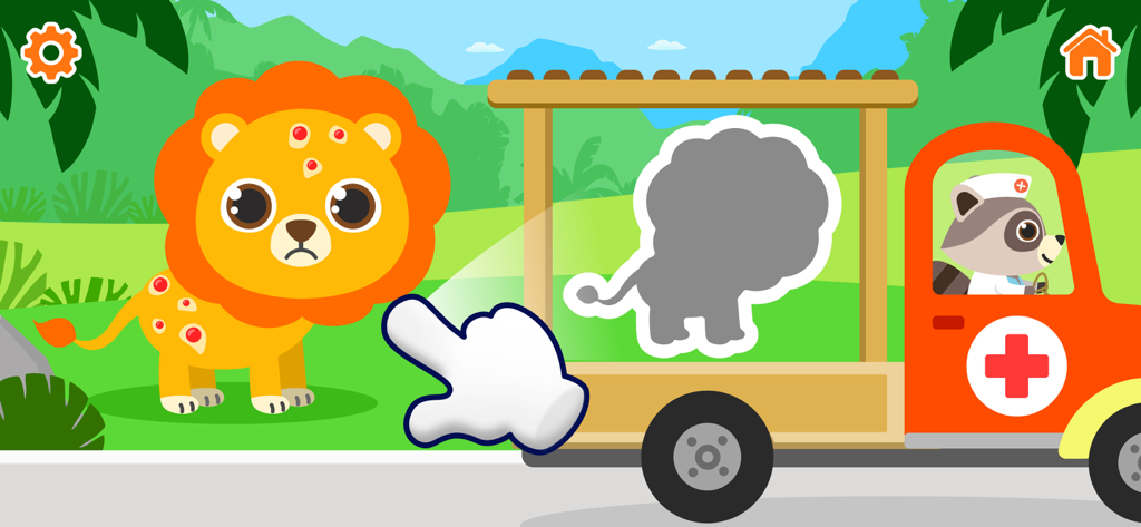 Animal Hospital — Baby Games - A sick cartoon lion being loaded into a rescue ambulance truck
