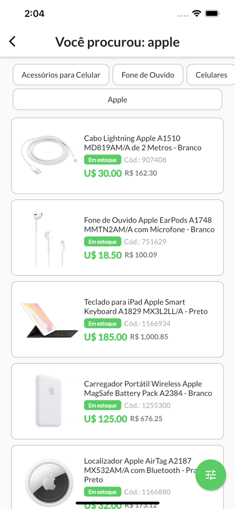 Mega Eletrônicos - Search results for Apple products in the Mega Eletronicos app showing prices in USD and BRL.