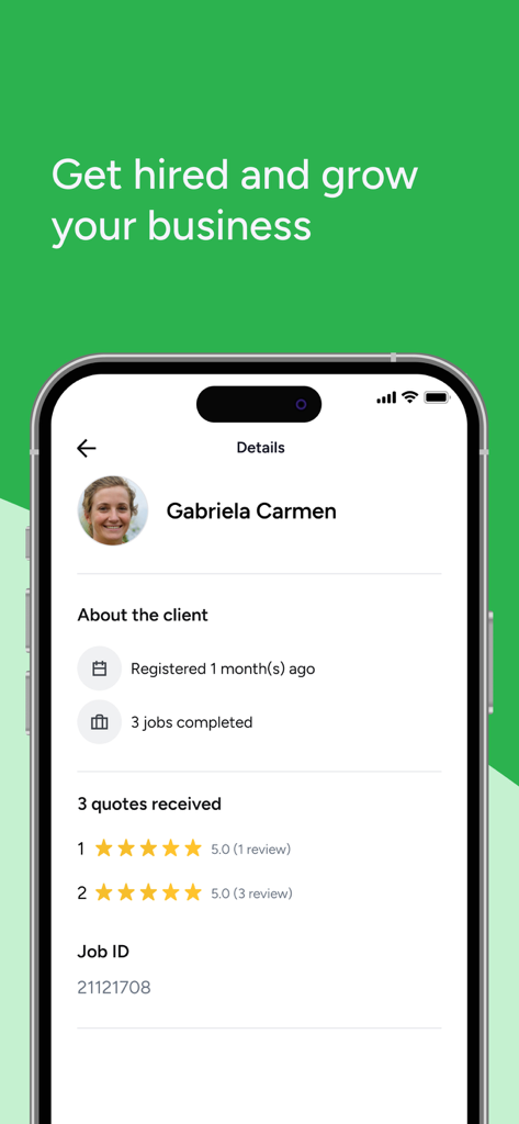 HomeRun - Professionals - HomeRun Professionals app interface showing client profile and job details