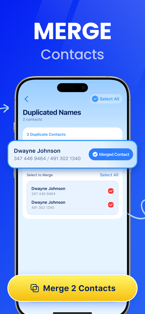 CleanCraft: Clean Up Storage - CleanCraftアプリのインターフェース。重複連絡先をマージして電話のストレージを整理するプロセスが表示されています。