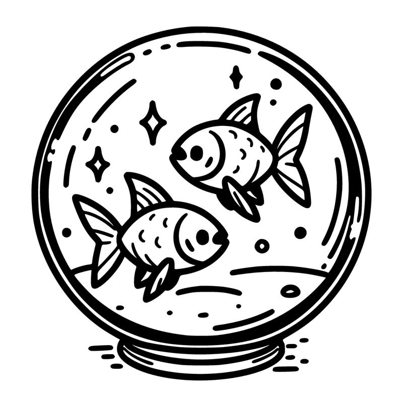 two fish swimming inside a crystal ball