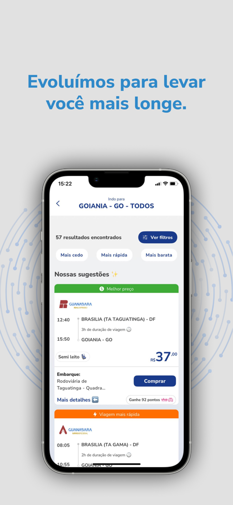 Guanabara mobile app interface showing bus travel search results for Brazil with prices and schedules