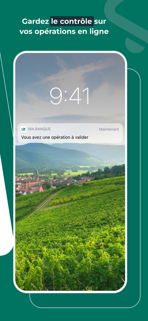 A smartphone screen displaying a Ma Banque notification to validate an online transaction with a scenic vineyard background.