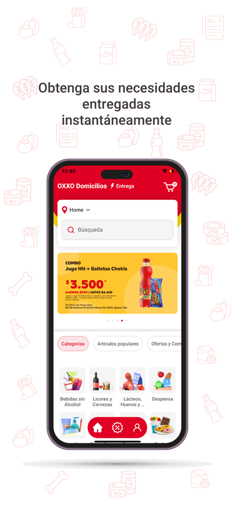 Tela inicial do aplicativo móvel OXXO Domicílios com categorias de produtos e promoções especiais.