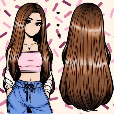 realistic girl with straight long hair and a crop top with sweatpants