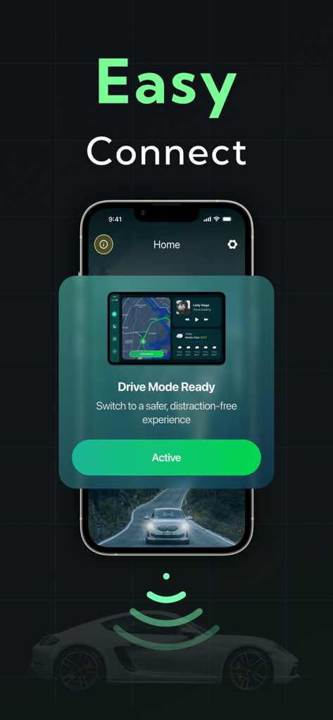 Car Play Connect Sync app interface on a smartphone showing the drive mode ready screen for a safer driving experience