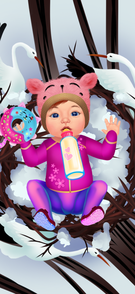 Baby Dress Up & Daycare Game 2 - A baby doll in a pink bear hat drinking from a bottle while sitting in a nest with storks in the background.