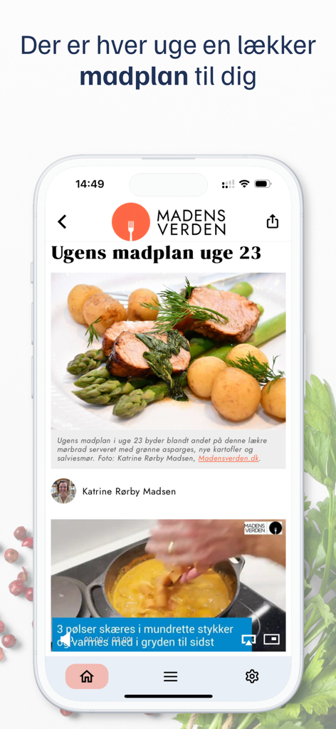 Madens Verden - Madens Verden mobile app screen showing a weekly meal plan and cooking video