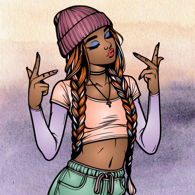 realistic teenage girl with braids and a beanie and crop top doing 🫶🏼