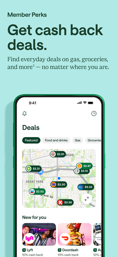 Chime app interface showing member perks with a map of gas station prices and cash back offers for Lyft and DoorDash.