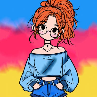 girl with a messy ponytail glasses a baggy crop top and jean shorts