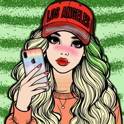 realistic beautiful girl wearing los ángeles cap holding an iphone