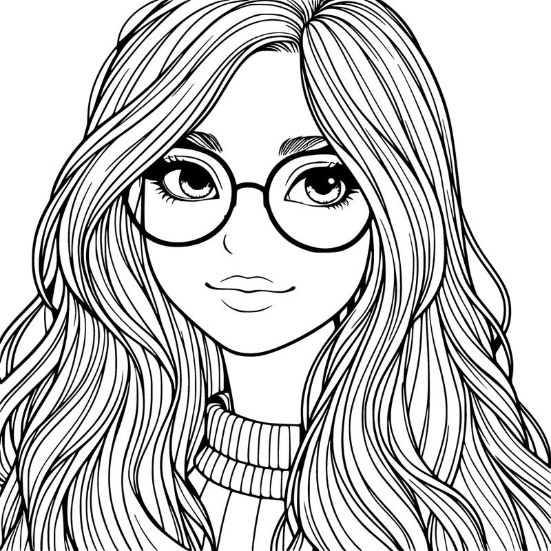 girl with long hair and freckles and glasses realistic