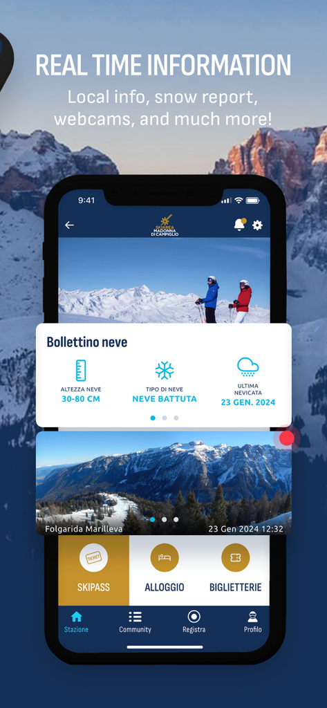 Skiarea Madonna di Campiglio - Interface of the Skiarea Madonna di Campiglio app showing real time snow reports and mountain webcams