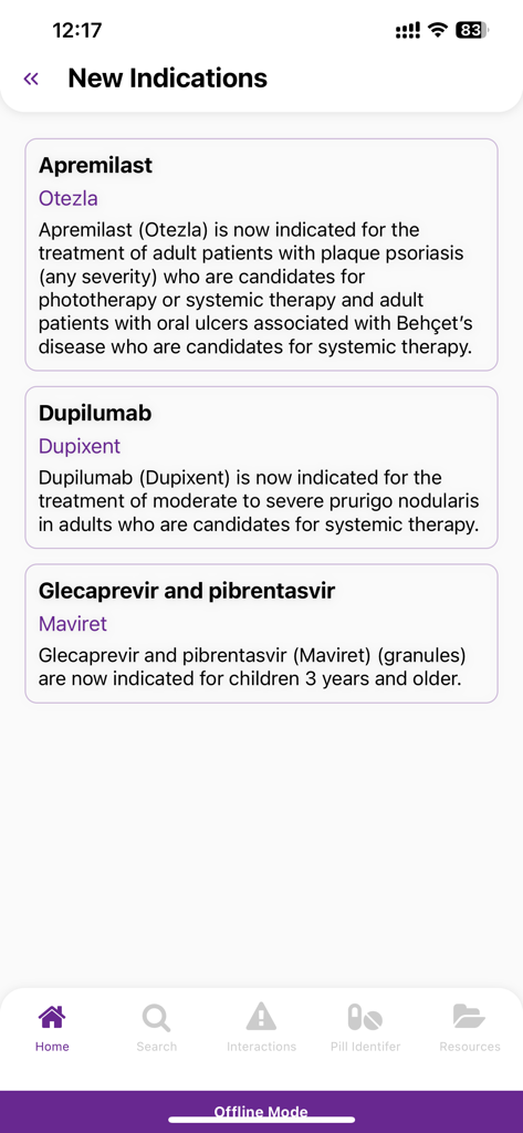 A screen in the eMIMS Elite medical app displaying a list of new drug indications for medical professionals