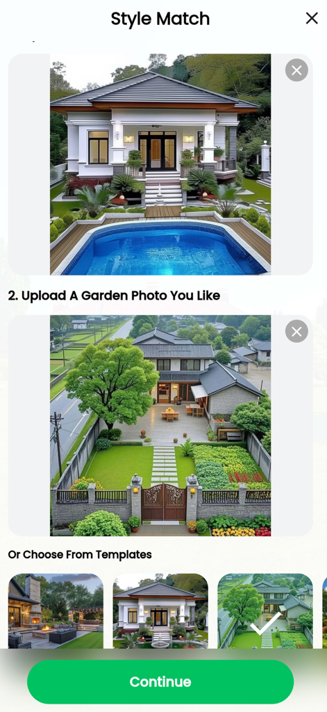 Landscape Design: My AI Garden - Style Match screen in the Landscape Design app showing options to upload garden photos or select from design templates.