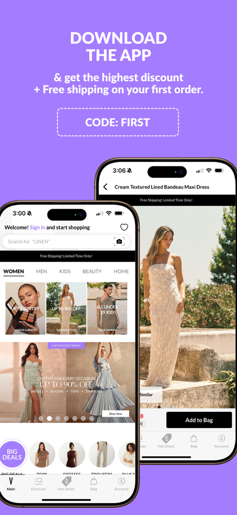 VogaCloset app interface showing fashion categories and a product page for a maxi dress with a first order discount code