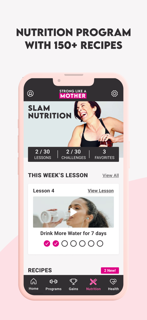 Get Mom Strong - Get Mom Strong app screenshot displaying the SLAM nutrition program with healthy recipes and lessons