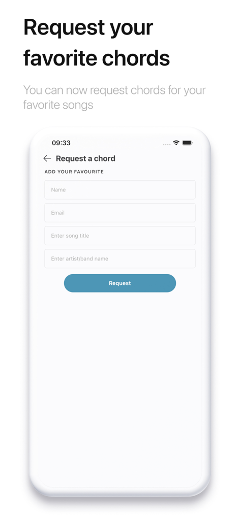 ChordPedia: Guitar Chords - A mobile app screen for ChordPedia showing a form to request guitar and ukulele chords for a favorite song by providing the song title and artist name.