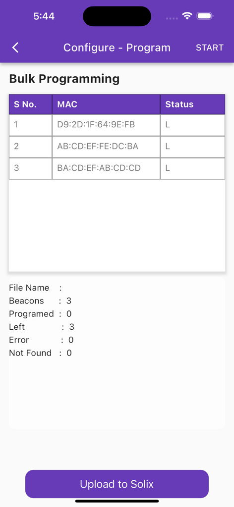 Sentrax Device Manager - Sentrax Device Manager bulk programming screen displaying a list of beacon MAC addresses and status summary