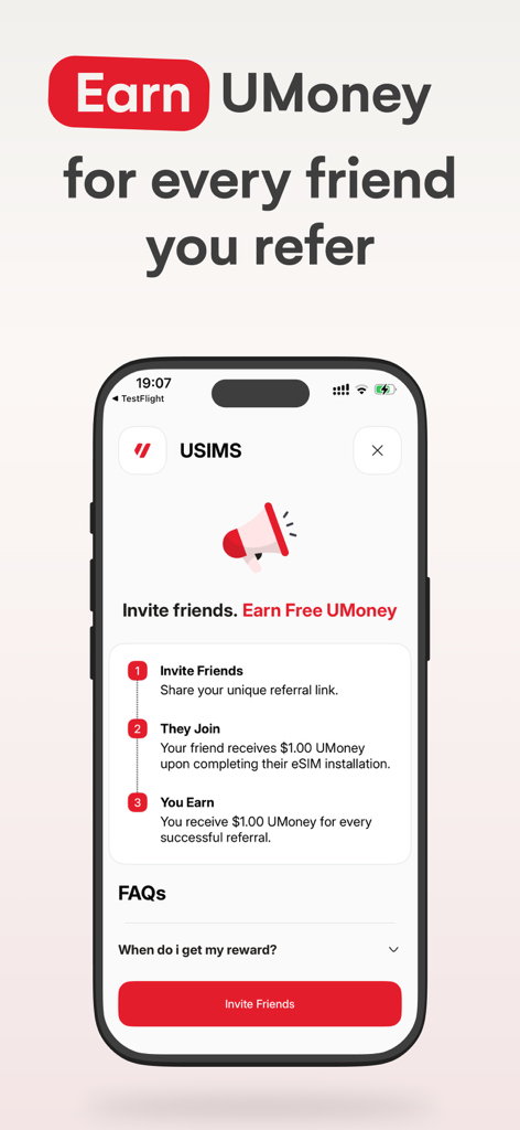 eSIM Travel SIM card: USIMS - Interface do aplicativo móvel USIMS exibindo o programa de indicação para ganhar crédito UMoney