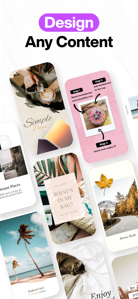 A showcase of various social media posts and stories designed with Design Lab app featuring travel food and lifestyle themes