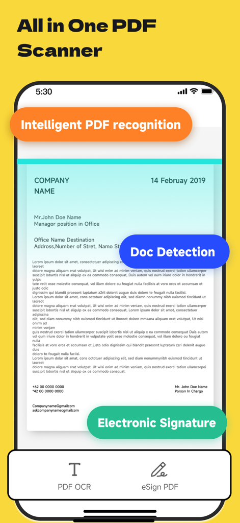 Sophon mobile app interface showcasing its all-in-one PDF scanner with intelligent document detection and electronic signature features.