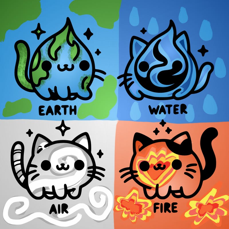 4 cats that represent the different elements, earth, water, air, and fire