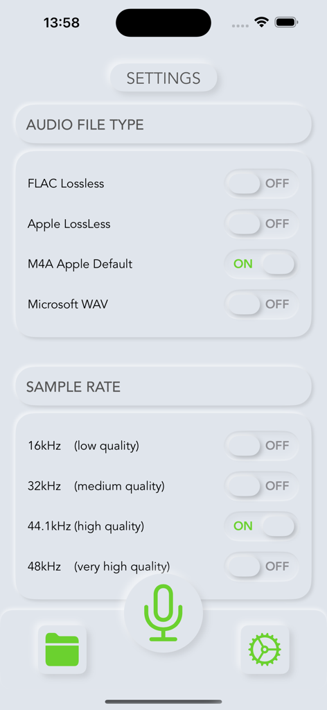 Settings screen in Talk Notes showing audio file type and sample rate selection options