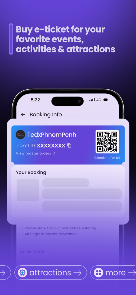 BookMe plus 모바일 앱에 QR 코드가 표시된 디지털 이벤트 티켓.