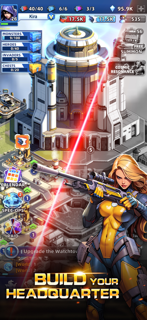 Superhero & Puzzles Match3 RPG - Una superheroína sosteniendo un rifle de francotirador frente a una base futurista con el texto Construye tu Cuartel General