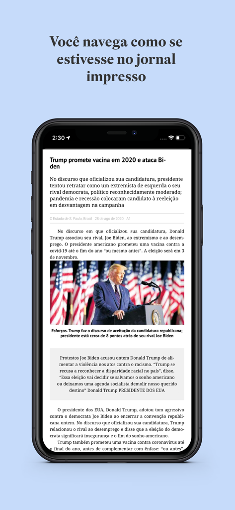 Tela de smartphone mostrando o aplicativo de notícias Estadão Digital com um layout de jornal tradicional