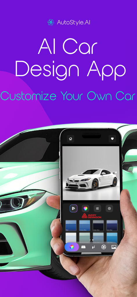 AutoStyle.AI Modify your Car - A hand holding a smartphone showing the AutoStyle AI app interface for virtual car customization with Avery Dennison wrap colors